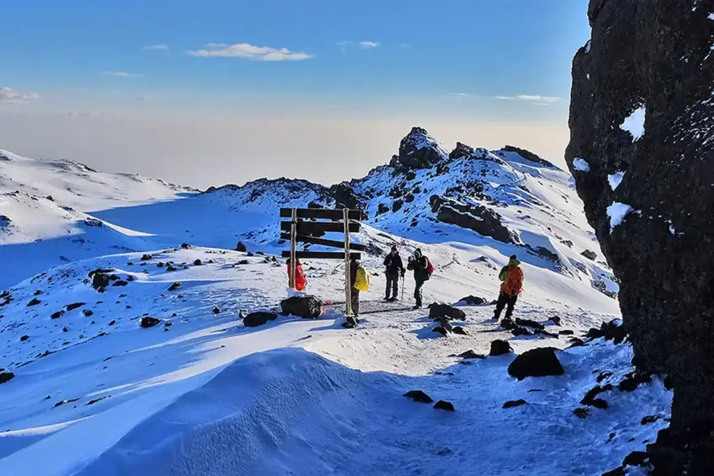 Climbers at the snowy summit signpost on Kilimanjaro