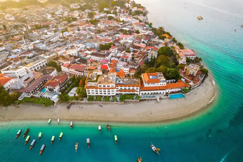 Aerial view of the Stone Town waterfront and turquoise sea