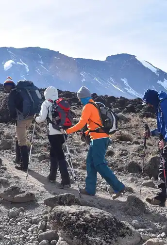 Climbers with trekking poles on a rocky trail